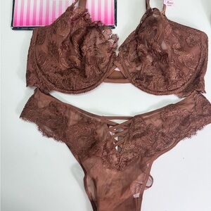 🔥Victoria's Secret Lace Bra Set in Rich Brown Sz 38DDD //Large NWT